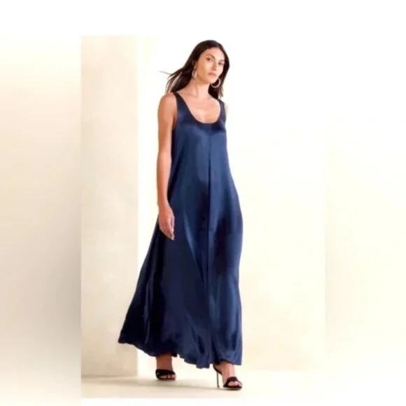 chinese dress ladies Banana Republic Navy/ Green Side Silky Sleeveless Maxi Dress 0